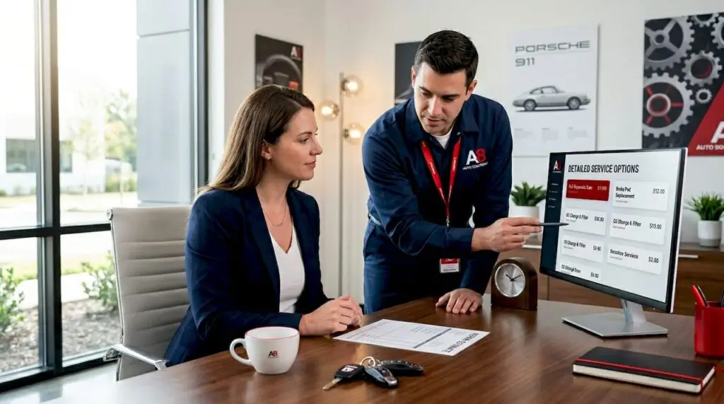 Customer and mechanic reviewing car repair estimate