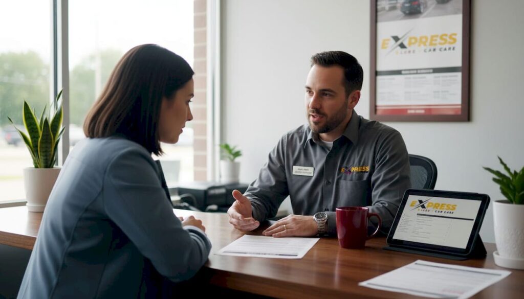 Advisor explains auto repair estimate at counter