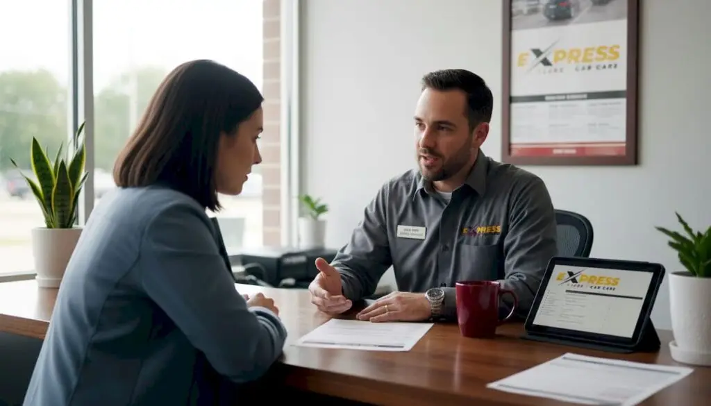 Advisor explains auto repair estimate at counter