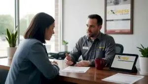 Advisor explains auto repair estimate at counter