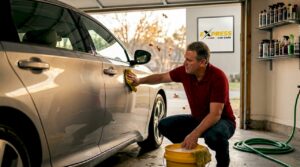 Man washing car in bright suburban driveway