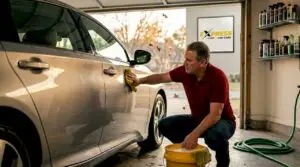 Man washing car in bright suburban driveway