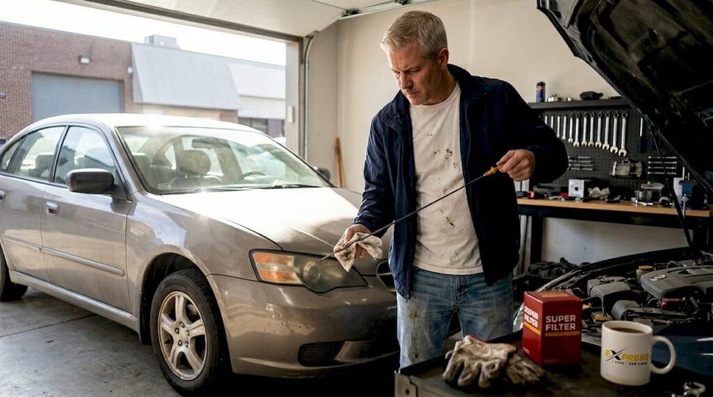 Car owner checking dipstick in driveway