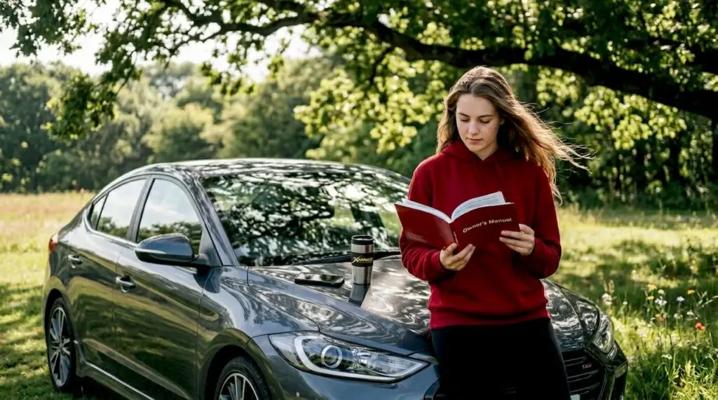 Young driver reading car manual on driveway