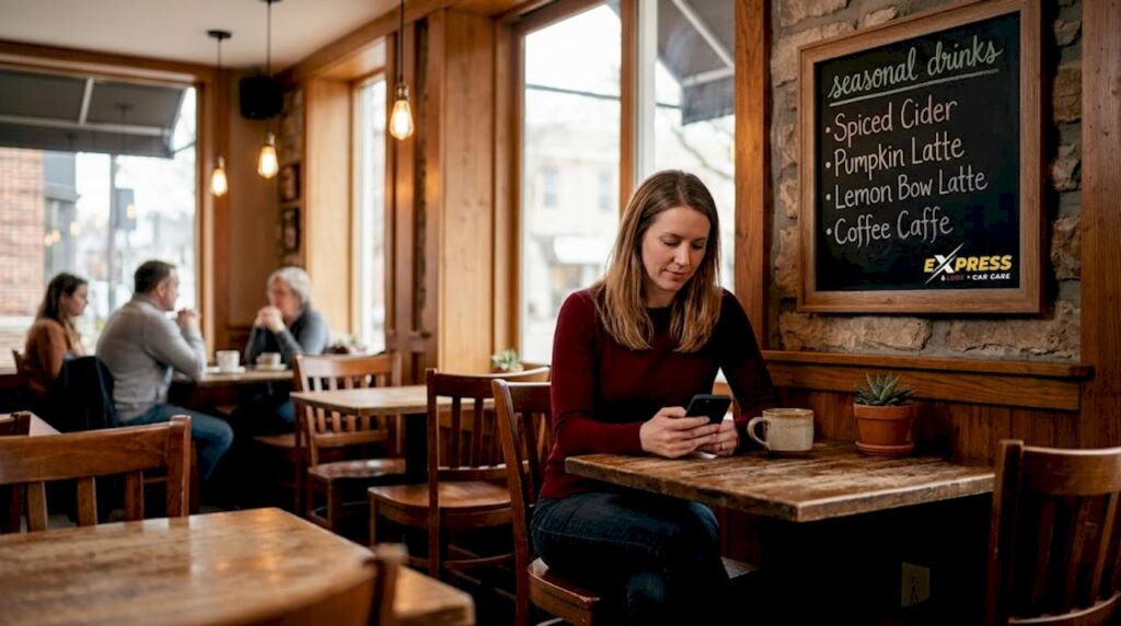 Woman checking phone in auto shop waiting area