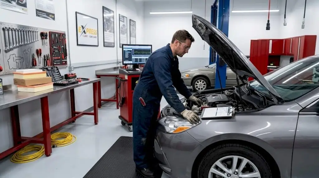Auto technician performs detailed car inspection