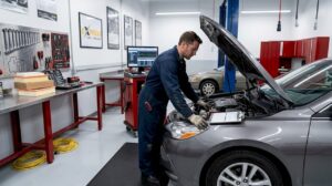Auto technician performs detailed car inspection