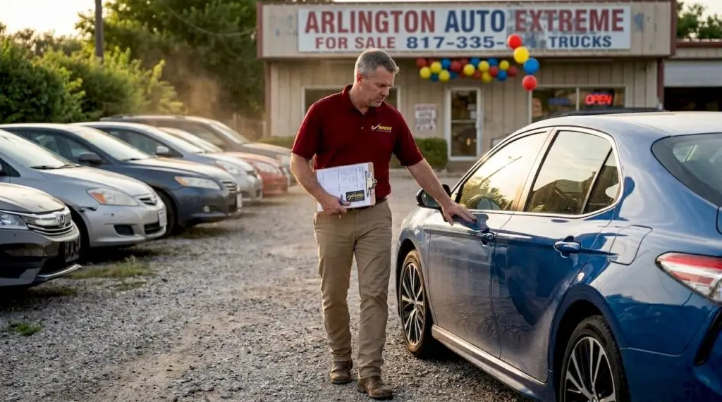 Man inspects cars at dealership lot