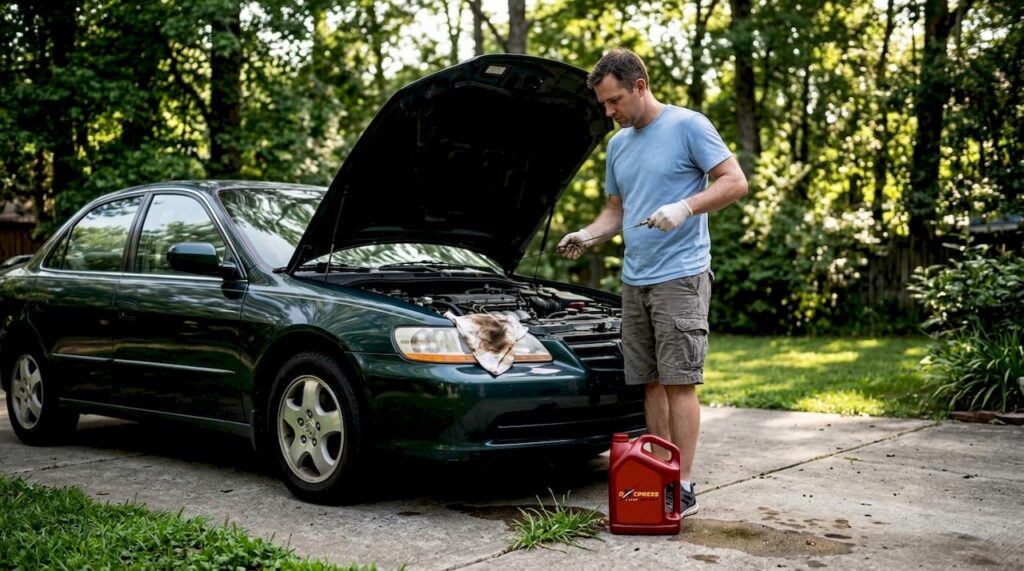Car owner checking oil level at home