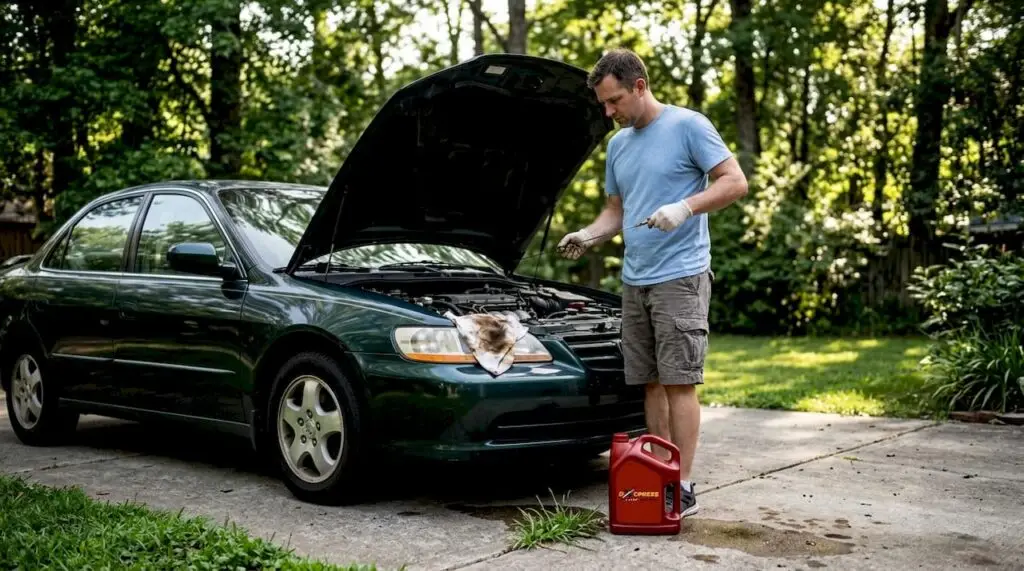 Car owner checking oil level at home