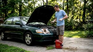 Car owner checking oil level at home