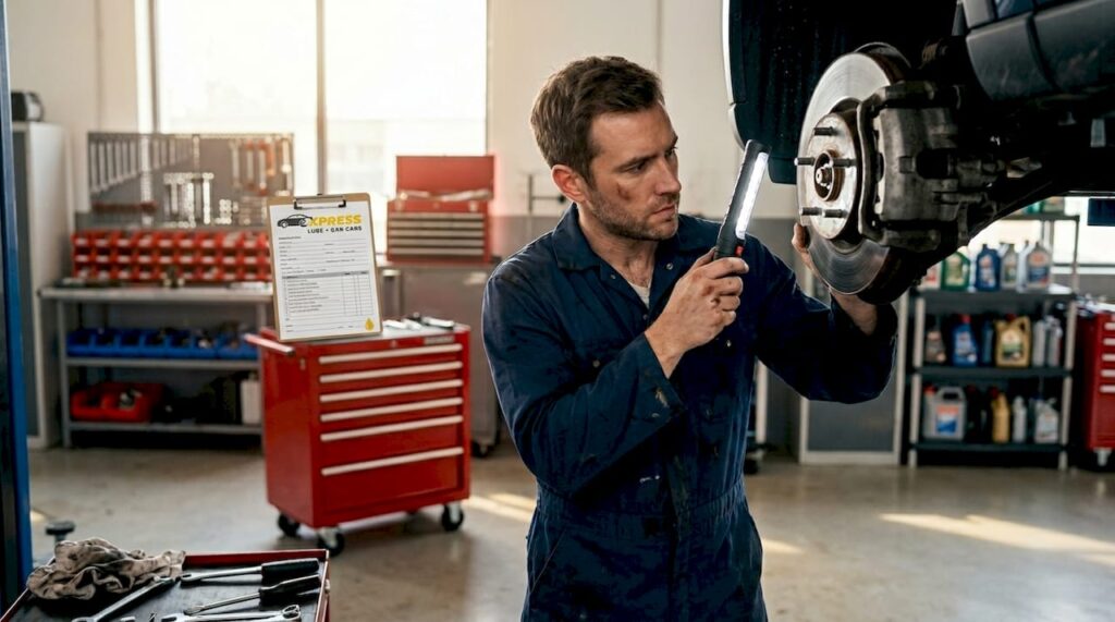 Mechanic inspecting vehicle brake caliper