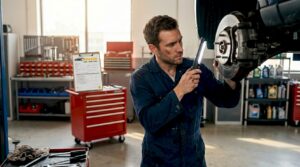 Mechanic inspecting vehicle brake caliper