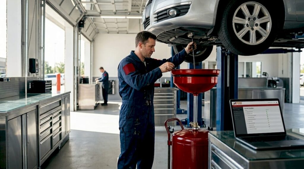 Auto technician performing oil change in garage