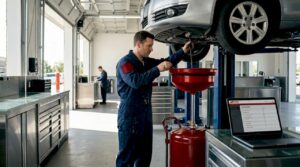 Auto technician performing oil change in garage