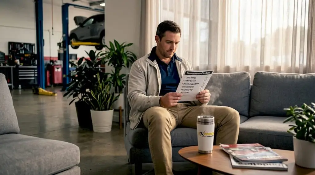 Driver reading checklist in auto shop waiting area