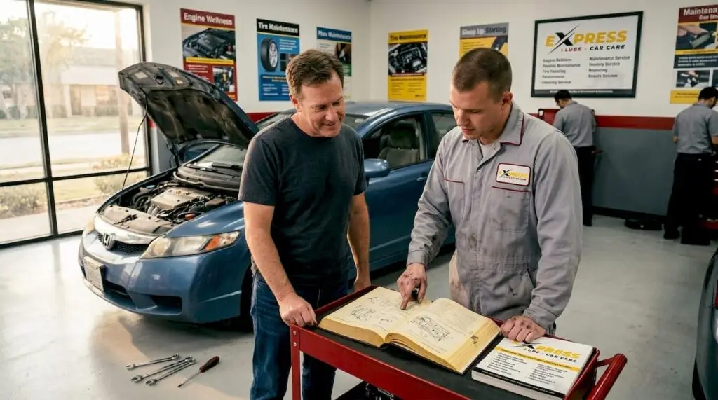 Customer and mechanic discuss repairs in garage