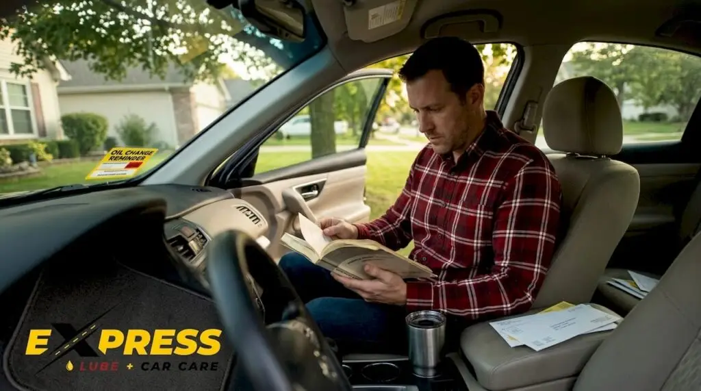 Car owner reading vehicle manual in parked car