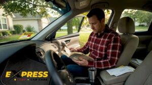 Car owner reading vehicle manual in parked car