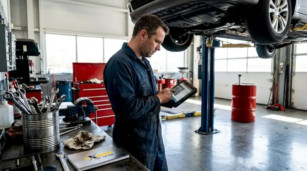 Technician inspecting car in working service garage