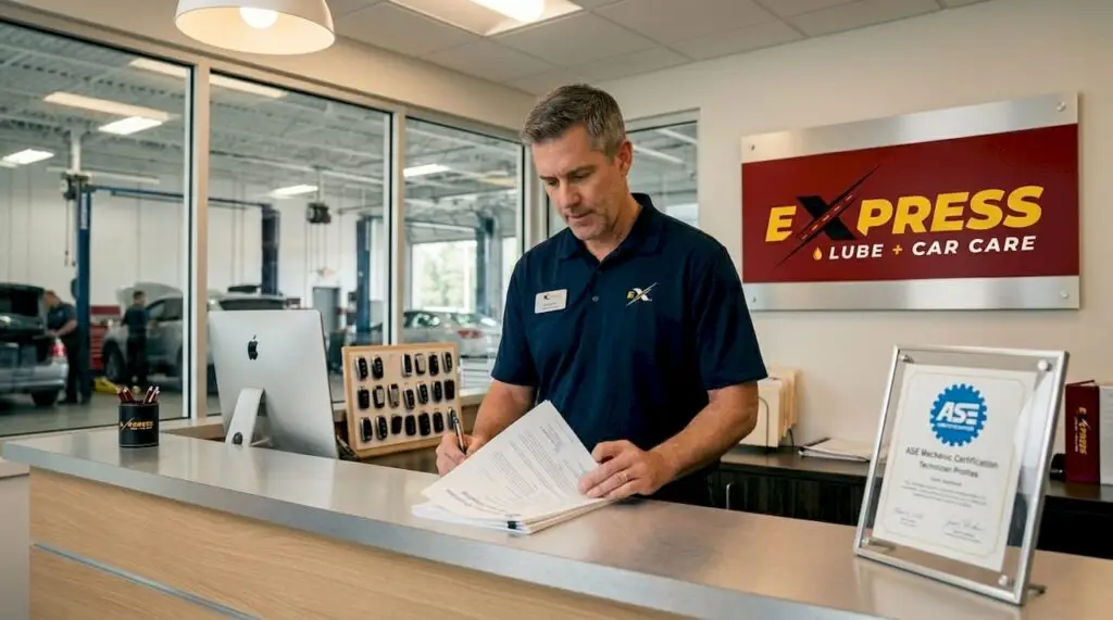 Service manager reviewing mechanic certifications at auto shop desk