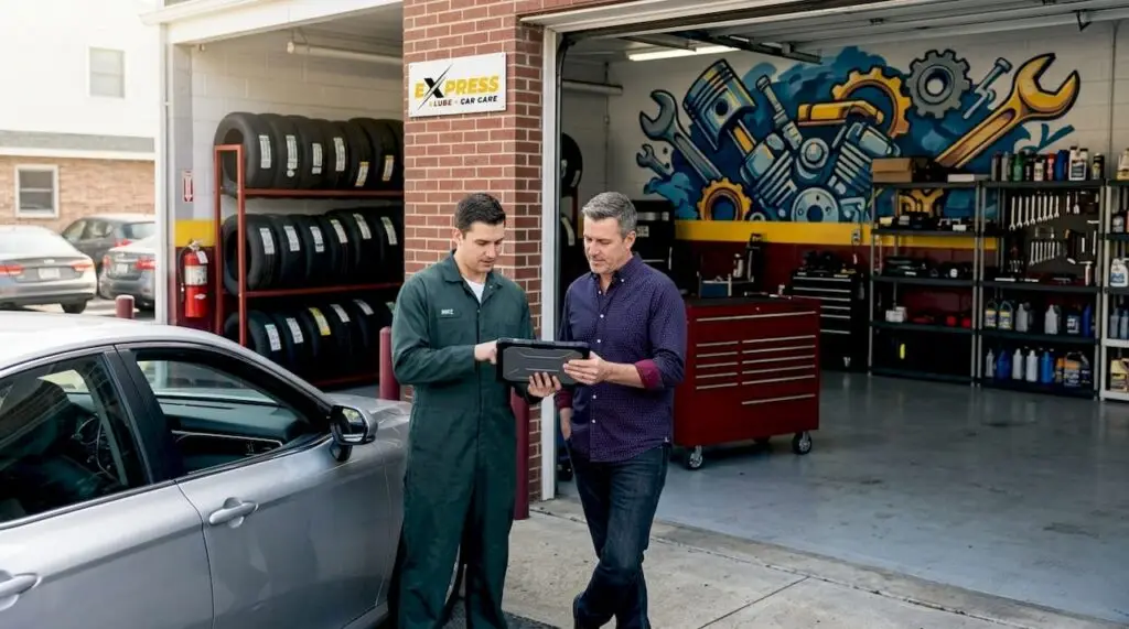 Customer receiving service invoice outside auto repair shop