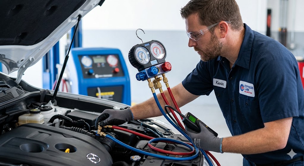 Auto-AC-System-Pressure-Testing-Diagnostic-Arlington Certified mechanic at Express Lube Arlington using professional gauge manifolds to test the refrigerant pressure of a car's air conditioning system.