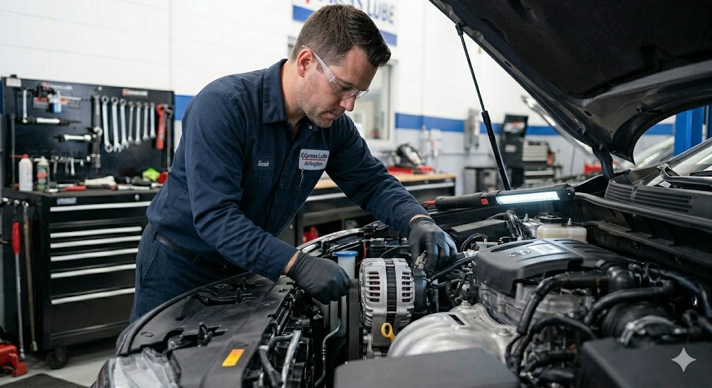 Advanced-Engine-Diagnostics-Service-Arlington-TX Express Lube Arlington mechanic, Kevin, performing computer diagnostics on a car engine to identify repair needs.