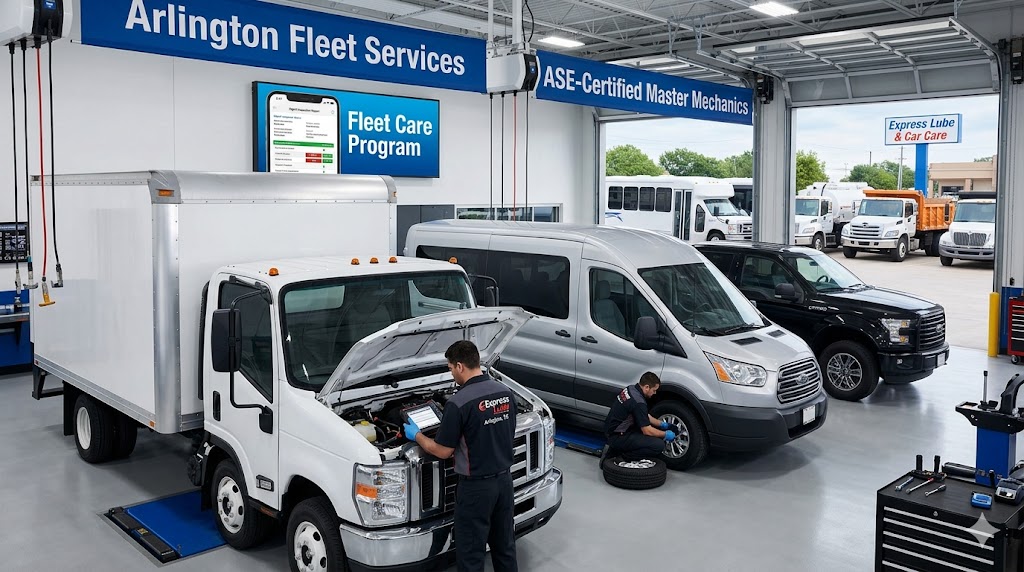 Two ASE-certified mechanics performing fleet vehicle maintenance on a white box truck and silver transit van inside the Arlington Fleet Services bay at Express Lube & Car Care.