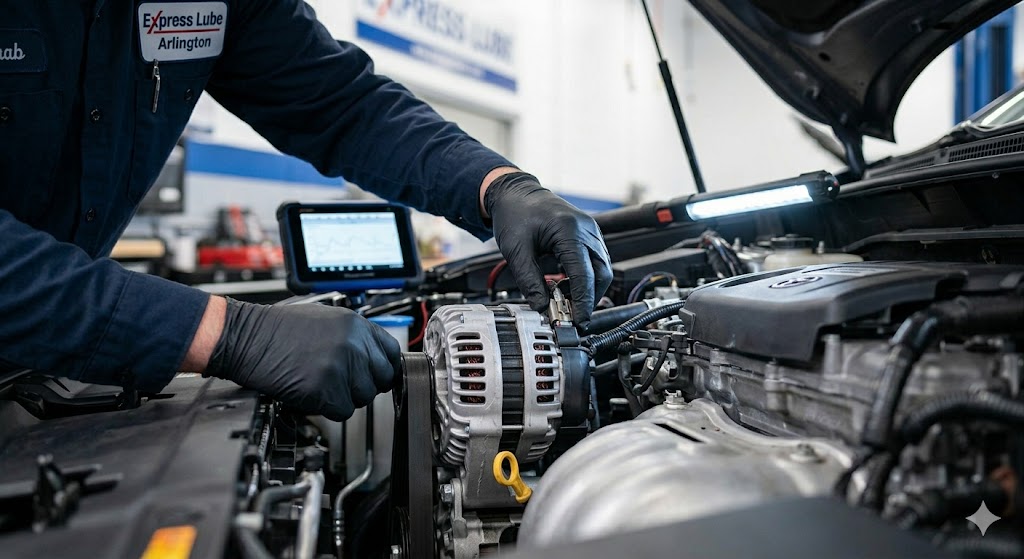Close-up of an automotive technician inspecting a vehicle's alternator and electrical wiring.