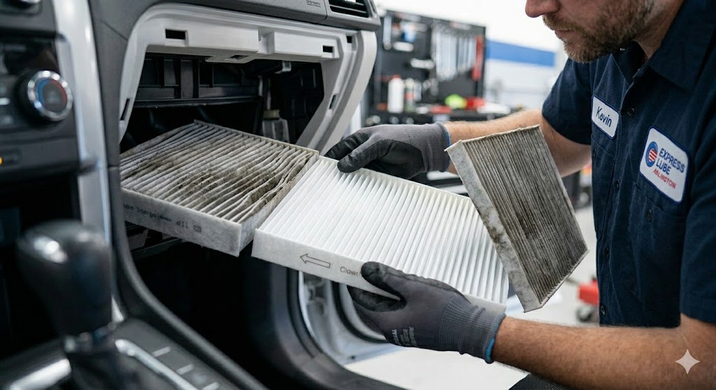 Air Filter Replacement Service Arlington Close-up of a mechanic's gloved hands removing a dirty, clogged cabin air filter and installing a clean replacement at Express Lube Arlington.