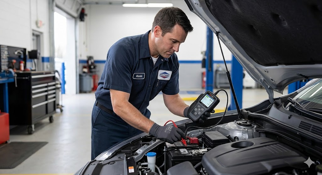 Car Battery Voltage Testing Arlington TX Certified mechanic Kevin uses a digital battery tester to check the health and voltage of a vehicle's battery at Express Lube Arlington.