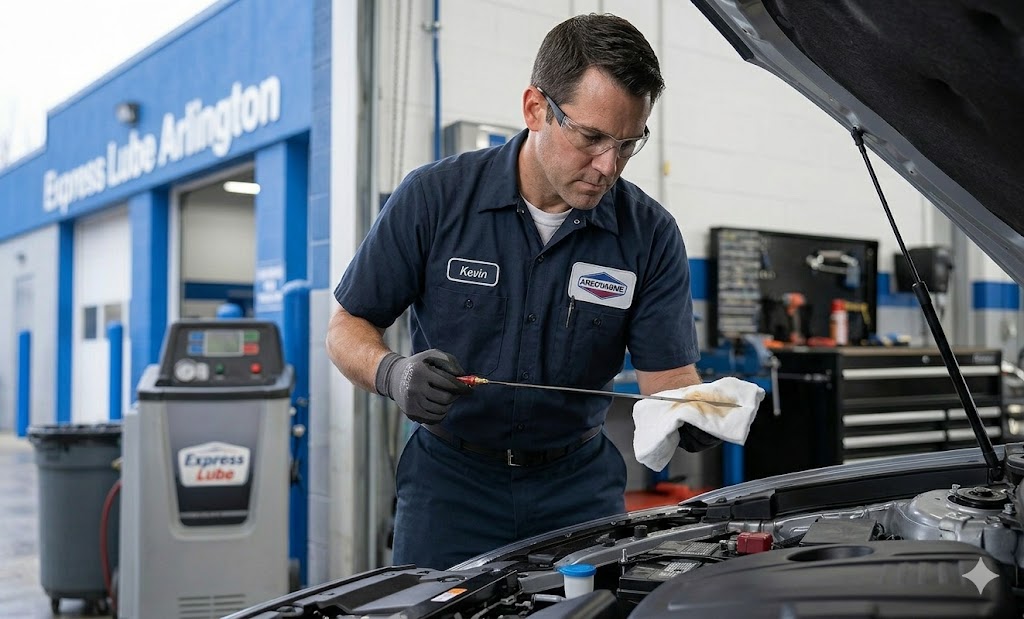 Close-up of mechanic Kevin with an intense expression, visually inspecting a fluid sample on a dipstick against a clean white cloth.