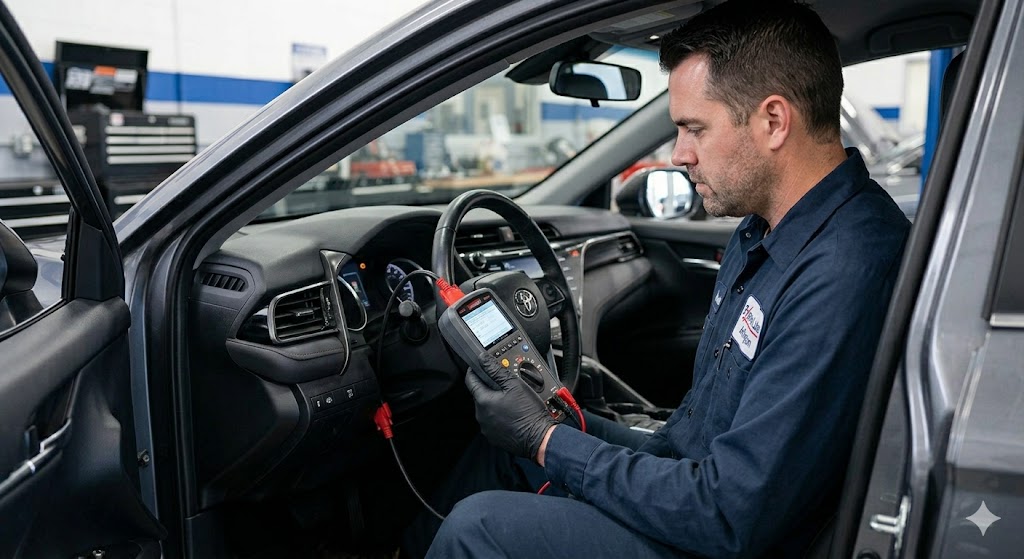 Check-Engine-Light-Diagnostic-Scan-Arlington-TX A mechanic in the driver's seat of a car uses a professional OBD-II diagnostic computer to read check engine light trouble codes at Express Lube Arlington.