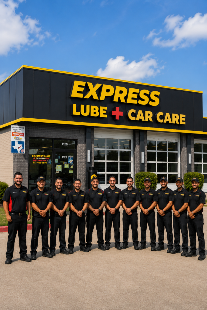 Team of certified technicians standing in front of Express Lube + Car Care in Arlington, Texas offering oil changes, auto repair, inspections, and maintenance services.