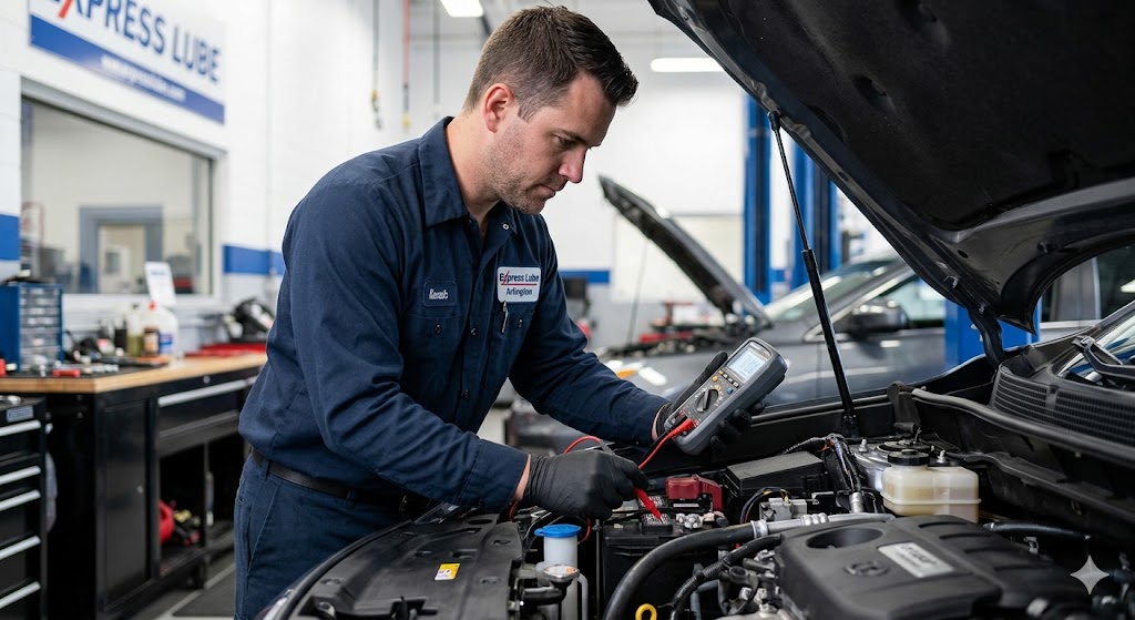 Mechanic-Expert-Engine-Inspection-Service-Arlington Close-up of an experienced mechanic, identified as Kevin, using diagnostic data to precisely inspect engine sensors under the hood at Express Lube Arlington.