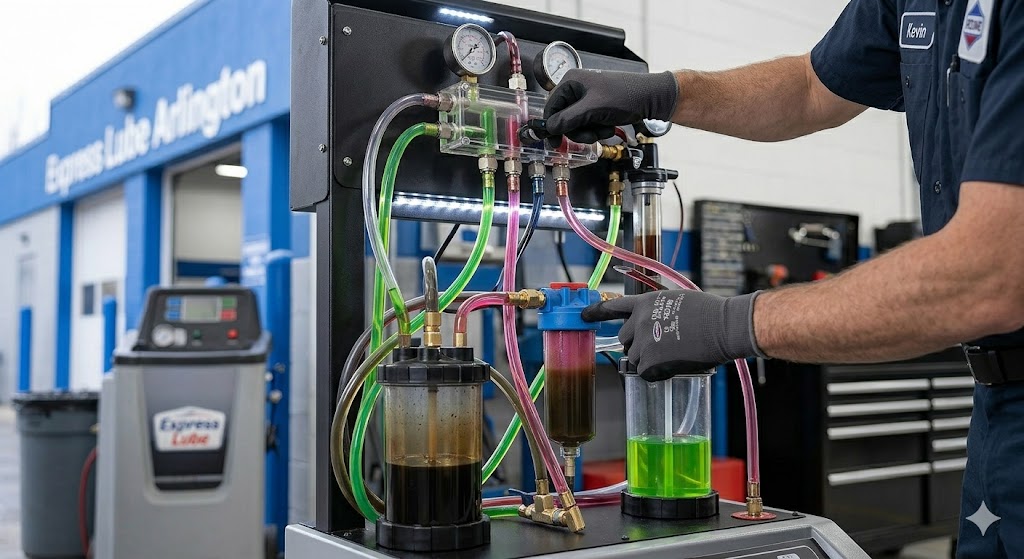 Certified mechanic at Express Lube Arlington operates a professional fluid exchange machine, connecting multi-colored transparent lines to a vehicle.