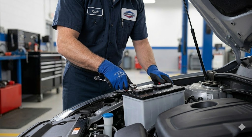 New Car Battery Replacement Installation Arlington Close-up photograph of mechanic Kevin's gloved hands precisely installing a new, premium car battery and securing clean terminal connections.