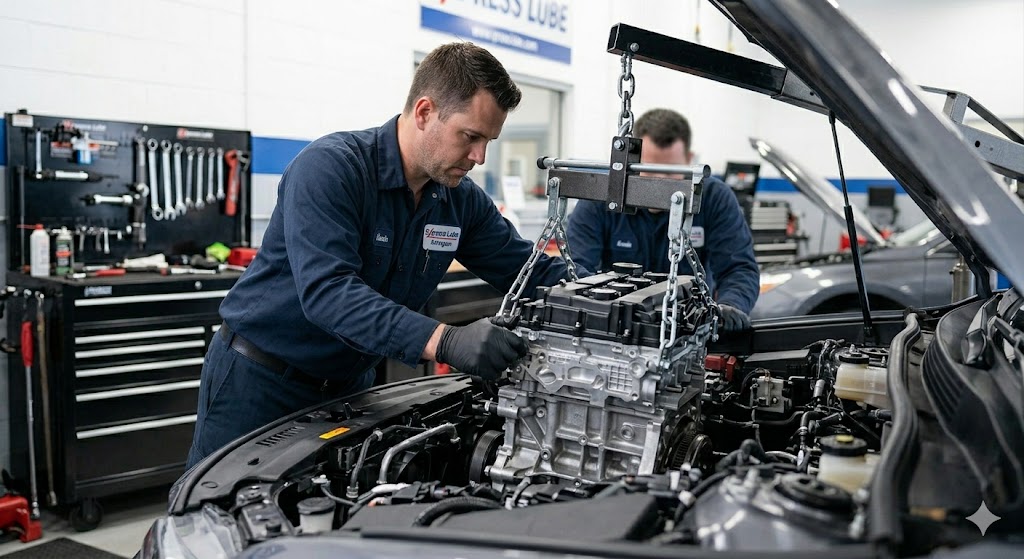 Professional-Engine-Replacement-Service-Arlington Mechanic guiding an engine hoist to lower a new engine block into a vehicle for a full replacement service at Express Lube Arlington.