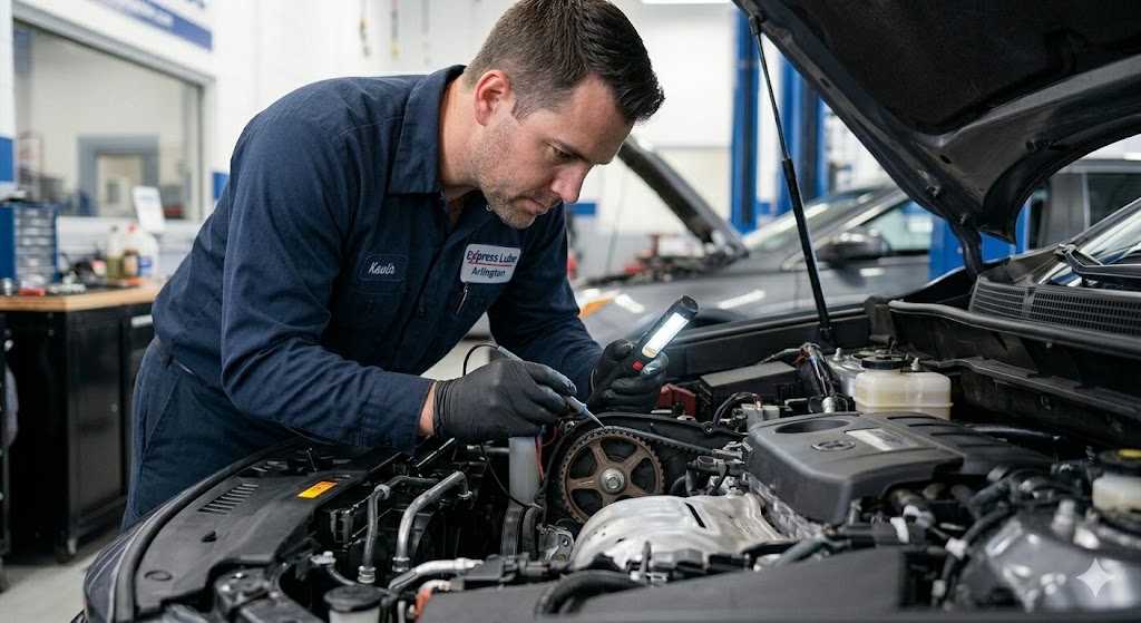 Timing Belt Inspection and Diagnosis Certified mechanic at Express Lube Arlington inspecting an engine timing belt for signs of wear and cracking.