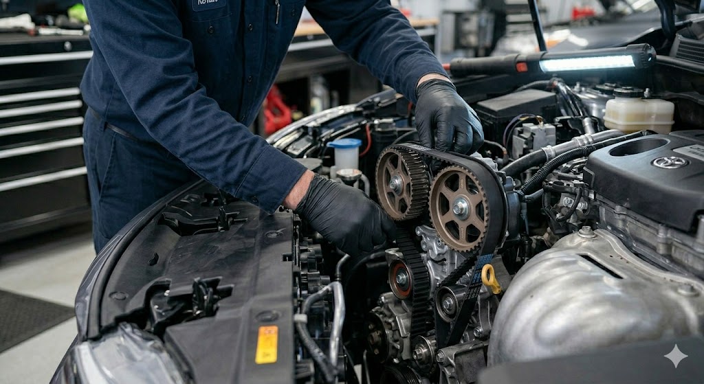 Timing Belt Replacement Installation Close-up of a mechanic precisely installing a new timing belt and tensioner pulley at Express Lube Arlington.