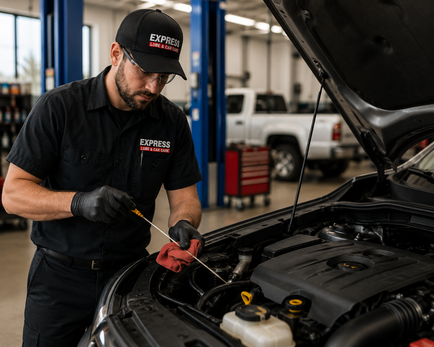 Engine Oil Inspection and Maintenance Service in Arlington ASE-certified technician inspecting engine oil levels during vehicle maintenance service at Express Lube & Car Care in Arlington