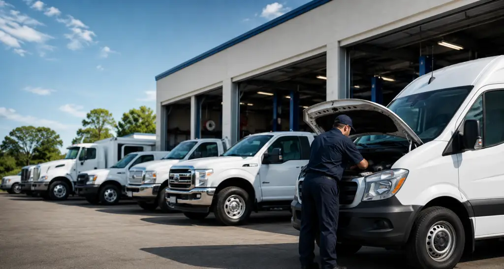 Express Lube & Car Care technician servicing commercial fleet vans and trucks in Arlington Texas auto repair shop