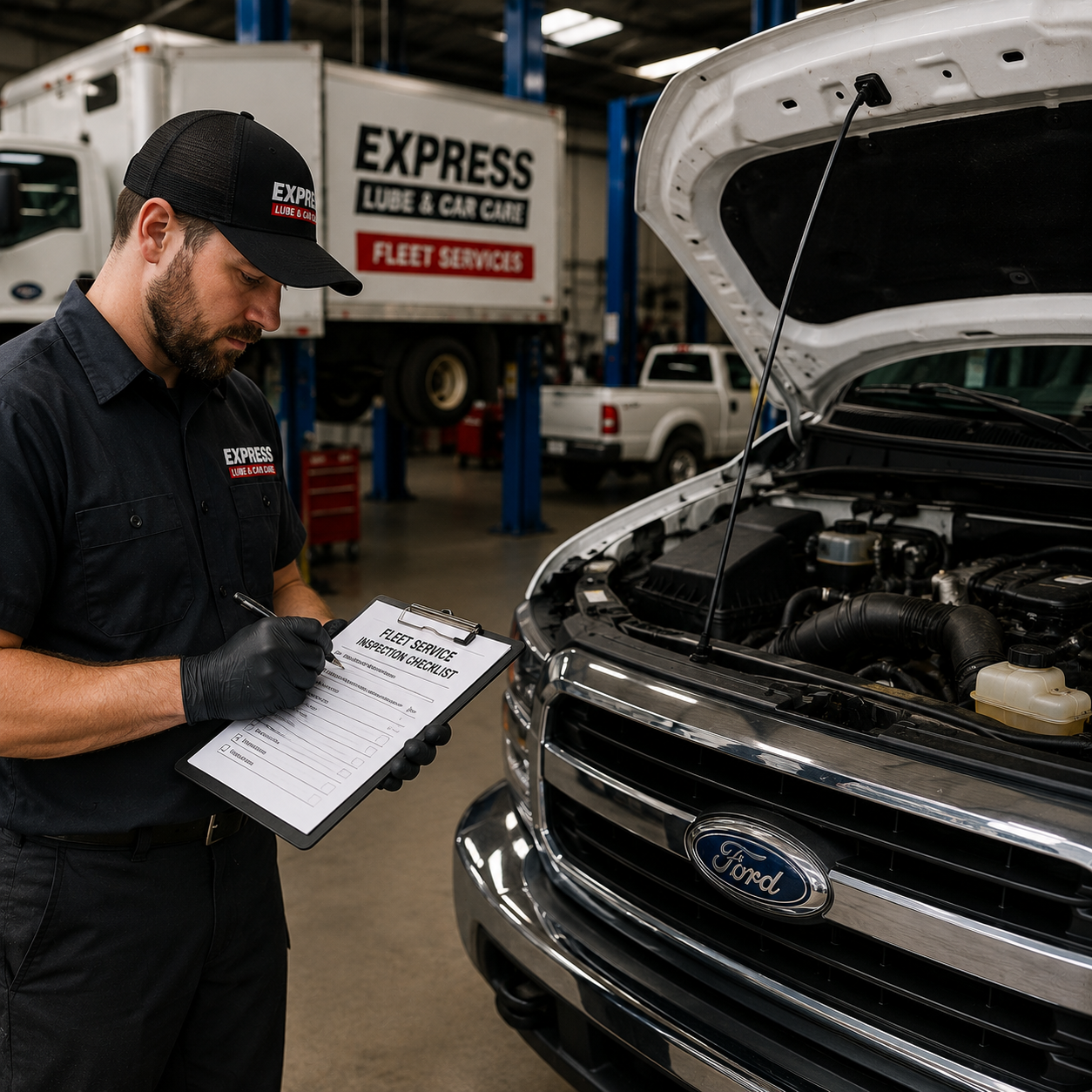 Commercial Fleet Vehicle Inspection and Maintenance in Arlington ASE-certified technician performing commercial fleet vehicle inspection and preventative maintenance in Arlington service garage