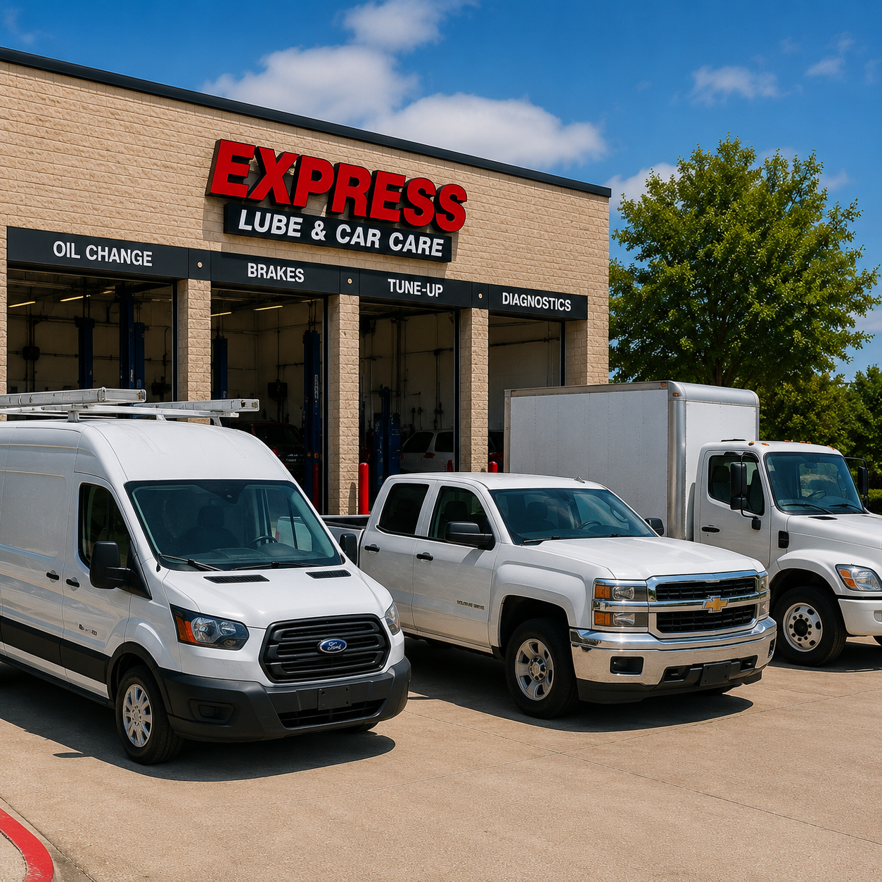 Fleet Vehicle Maintenance and Repair Services in Arlington Commercial fleet vehicles parked outside Express Lube & Car Care in Arlington for fleet maintenance and repair services