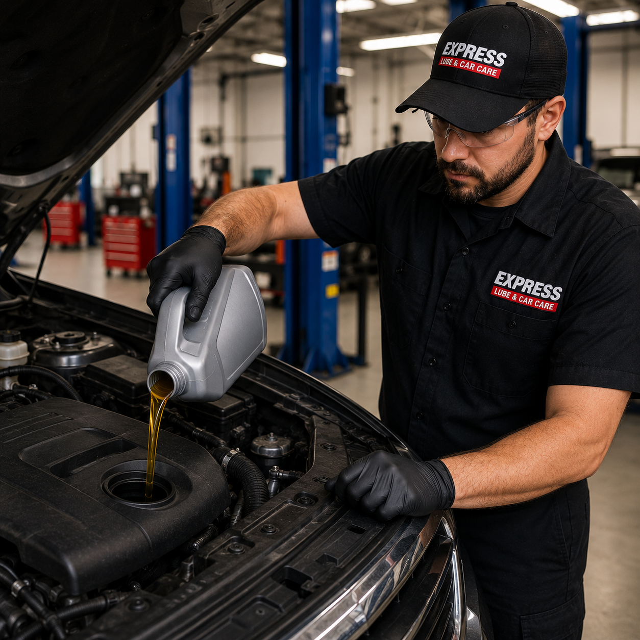Professional Oil Change Service in Arlington ASE-certified technician performing synthetic motor oil change service at Express Lube & Car Care in Arlington
