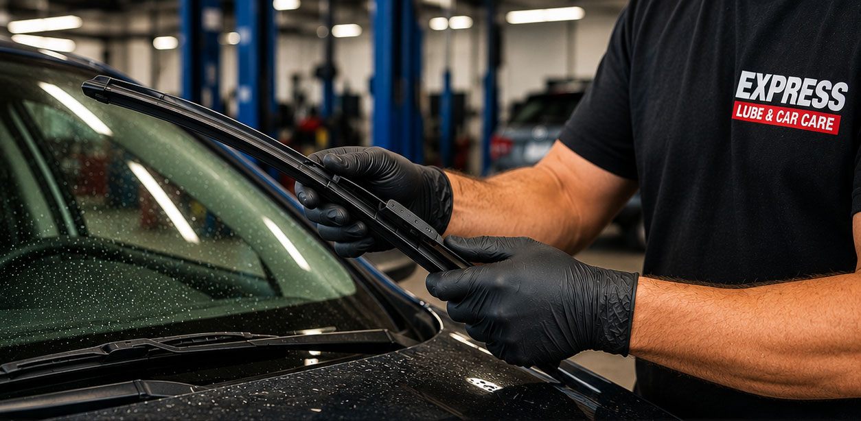 Professional Windshield Wiper Blade Replacement Service in Arlington ASE-certified technician installing new windshield wiper blades at Express Lube & Car Care in Arlington