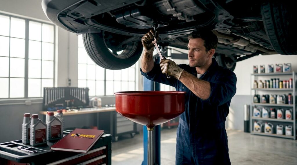 Mechanic performing oil change on car engine