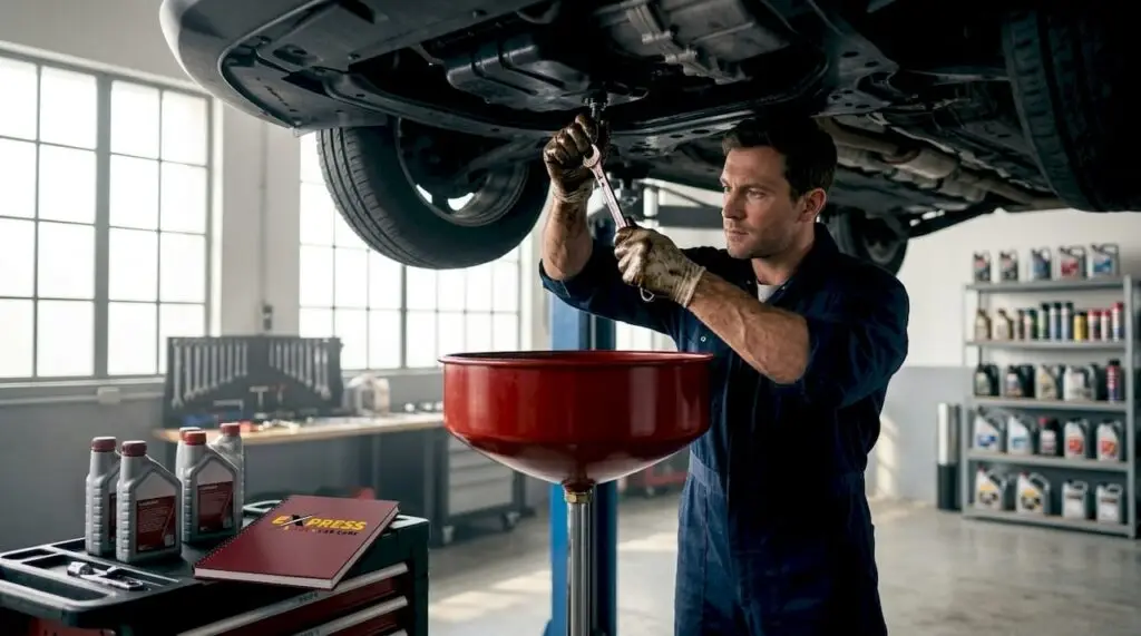 Mechanic performing oil change on car engine