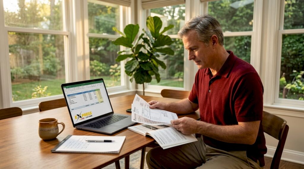 Car owner reviewing repair costs at kitchen table